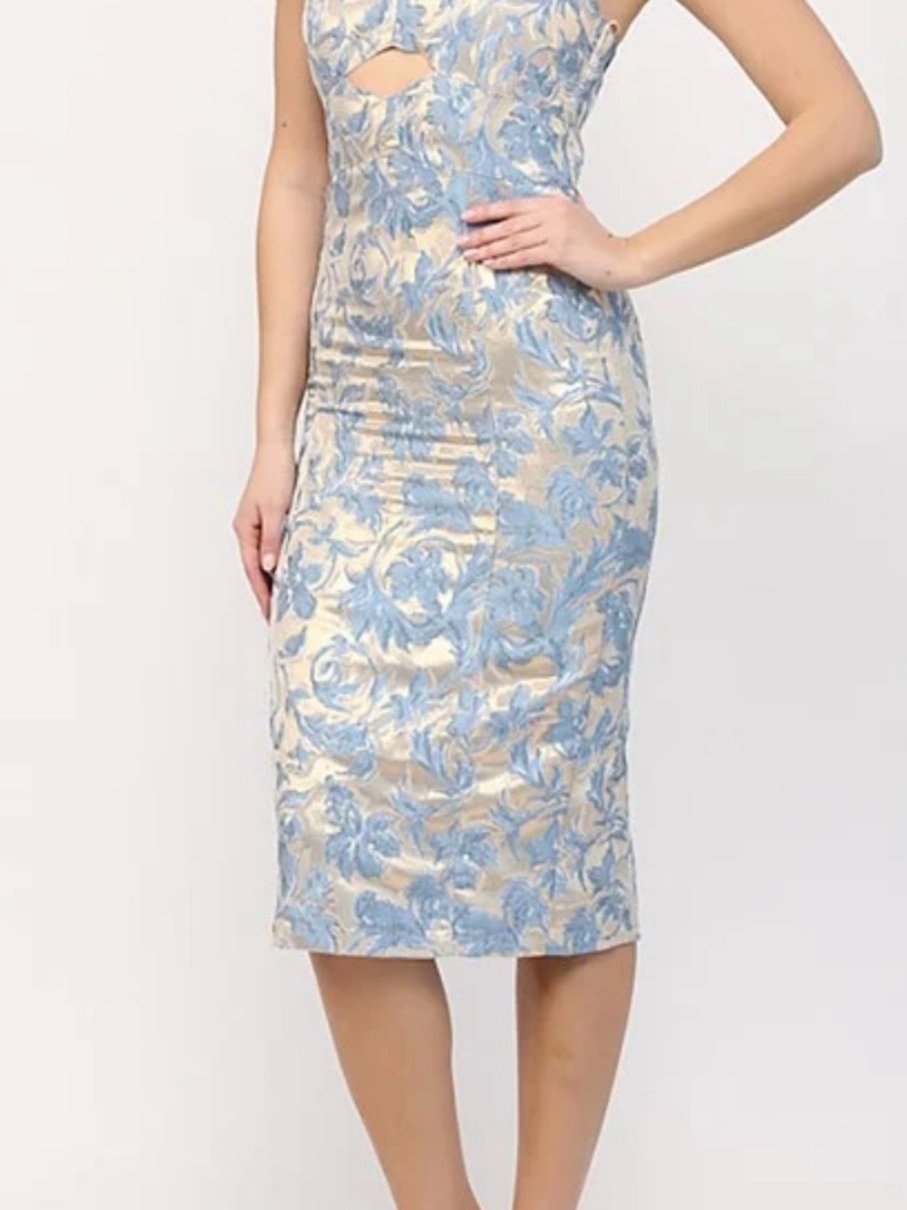 Vici Blue and Cream Floral Jacquard Pencil Skirt